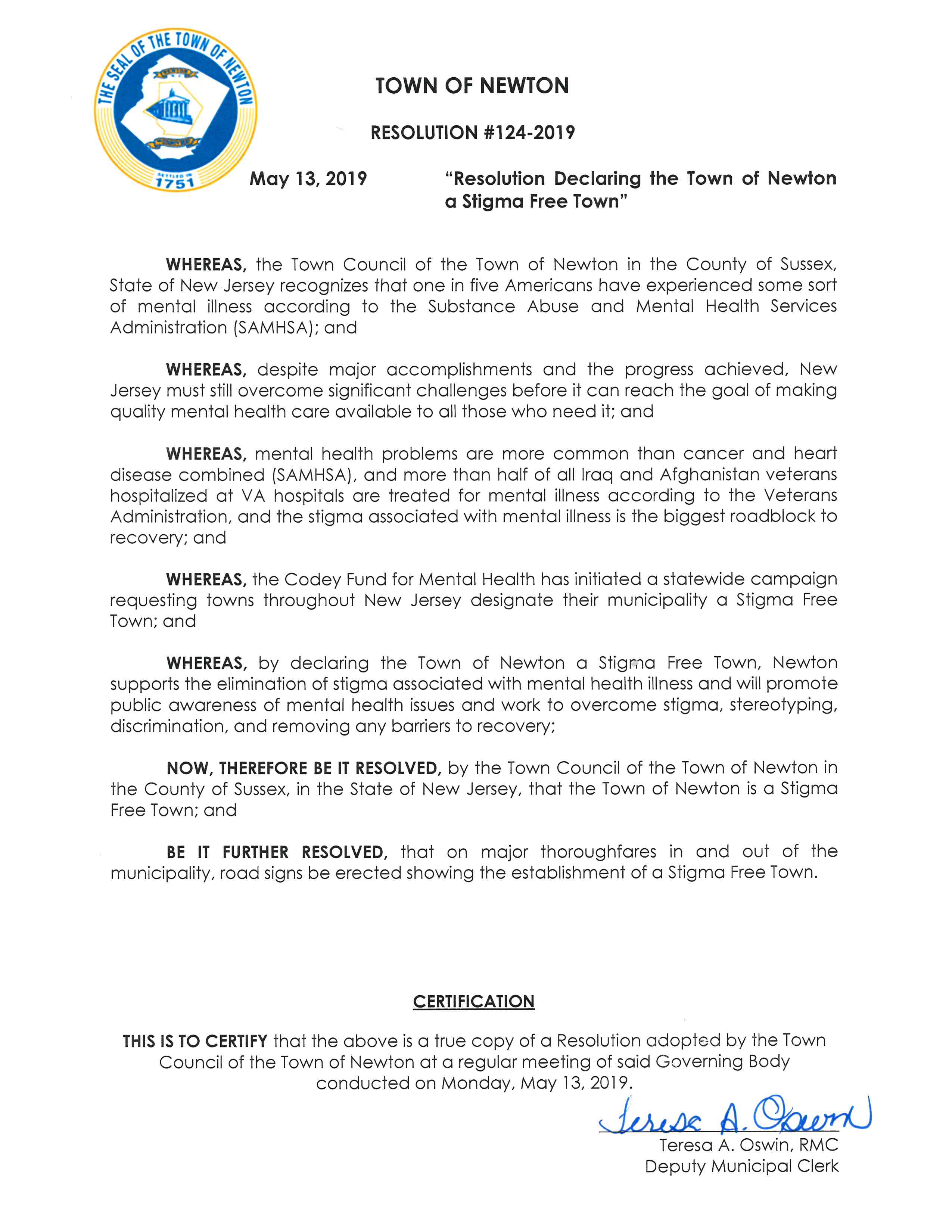 Resolution 124-2019 Stigma Free Town